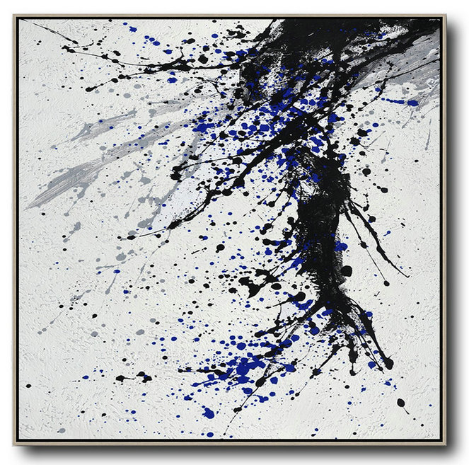 Abstract Painting Extra Large Canvas Art,Minimalist Drip Painting On Canvas, Black, White, Grey, Blue - Hand-Painted Contemporary Art